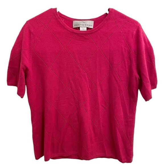 Precious Fibers Top Women L Pointelette Cashmere Pink Diamond Short Sleeve - Picture 1 of 5